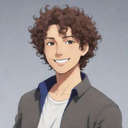 A male anime character with curly hair, sporting a confident smile and casually dressed.