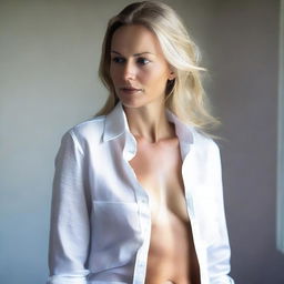 A side profile of an attractive Swedish woman with an open button-down shirt, revealing her wearing panties