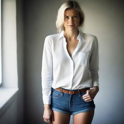 An artistic and tasteful image of an attractive Swedish woman wearing an open button-down shirt with no pants, showing her legs