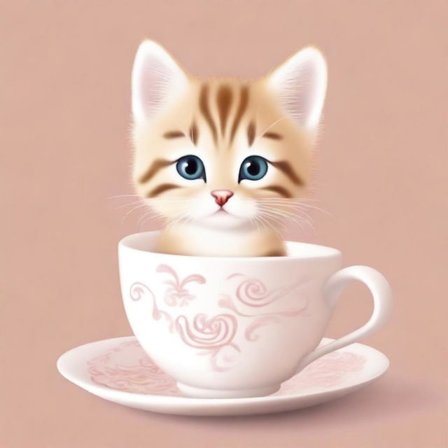 A raw photograph of an adorable kitten sitting inside a teacup