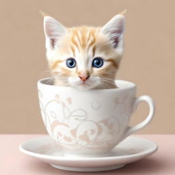 A raw photograph of an adorable kitten sitting inside a teacup