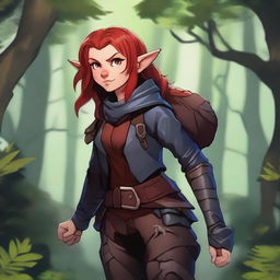 A halfling girl with red hair that is under shoulder length, iridescent color eyes, and a red monkey tail