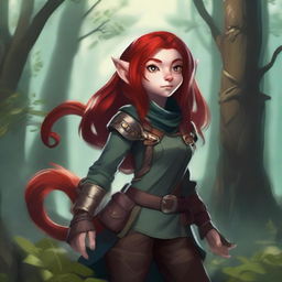 A halfling girl with red hair that is under shoulder length, iridescent color eyes, and a red monkey tail