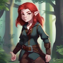 A halfling girl with red hair that is under shoulder length, iridescent color eyes, and a red monkey tail