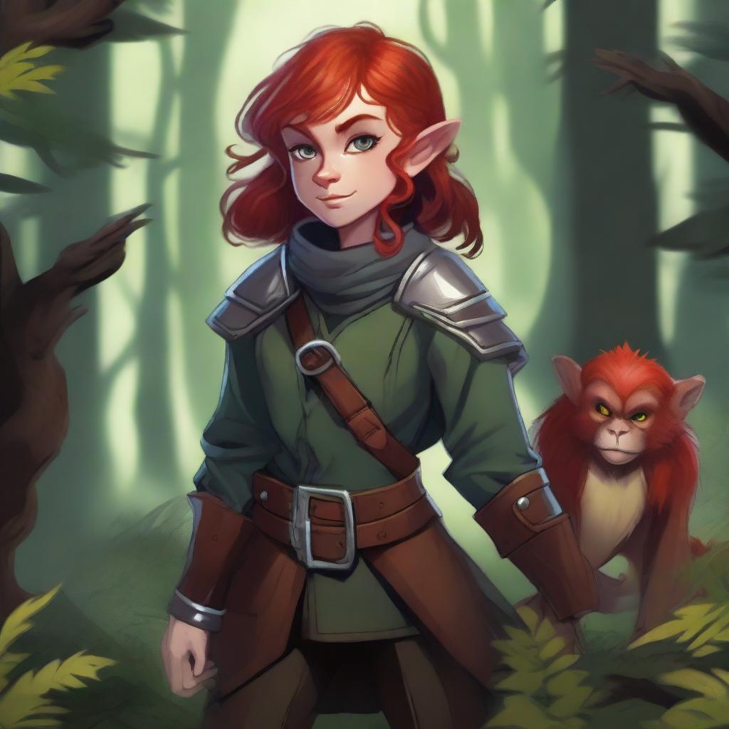 A halfling girl with red hair that is under shoulder length, iridescent color eyes, and a red monkey tail