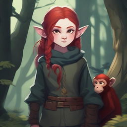 A halfling girl with red hair that is under shoulder length, iridescent color eyes, and a red monkey tail