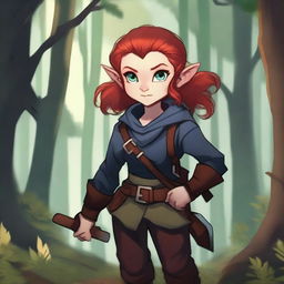 A halfling girl with red hair that is under shoulder length, iridescent color eyes, and a red monkey tail