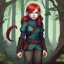 A halfling girl with red hair that is under shoulder length, iridescent color eyes, and a red monkey tail