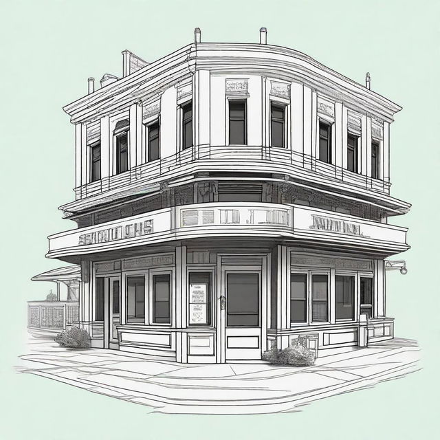 An illustration of Schooners restaurant with detailed architectural elements