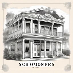 An illustration of Schooners restaurant with detailed architectural elements