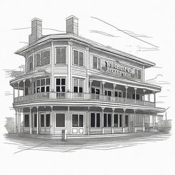 An illustration of Schooners restaurant with detailed architectural elements