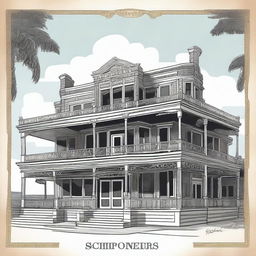 An illustration of Schooners restaurant with detailed architectural elements