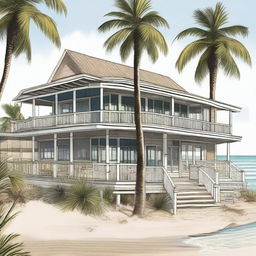 A detailed illustration of Schooners restaurant located in Panama City Beach