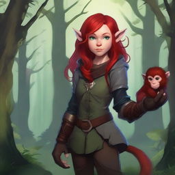 A halfling girl with red hair that is under shoulder length, iridescent color eyes, and a red monkey-like tail