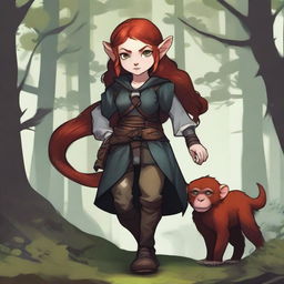 A halfling girl with red hair that is under shoulder length, iridescent color eyes, and a red monkey-like tail