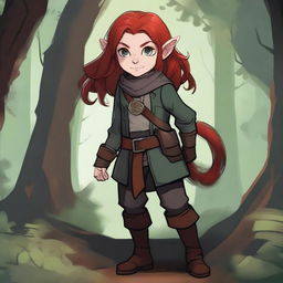 A halfling girl with red hair that is under shoulder length, iridescent color eyes, and a red monkey-like tail