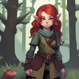 A halfling girl with red hair that is under shoulder length, iridescent color eyes, and a red monkey-like tail