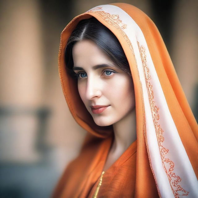 A portrait photo of the Blessed Virgin Mary, with the color of her cloak being any shade of orange