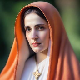 A portrait photo of the Blessed Virgin Mary, with the color of her cloak being any shade of orange