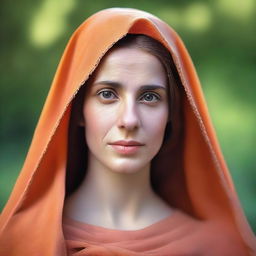 A portrait photo of the Blessed Virgin Mary, with the color of her cloak being any shade of orange