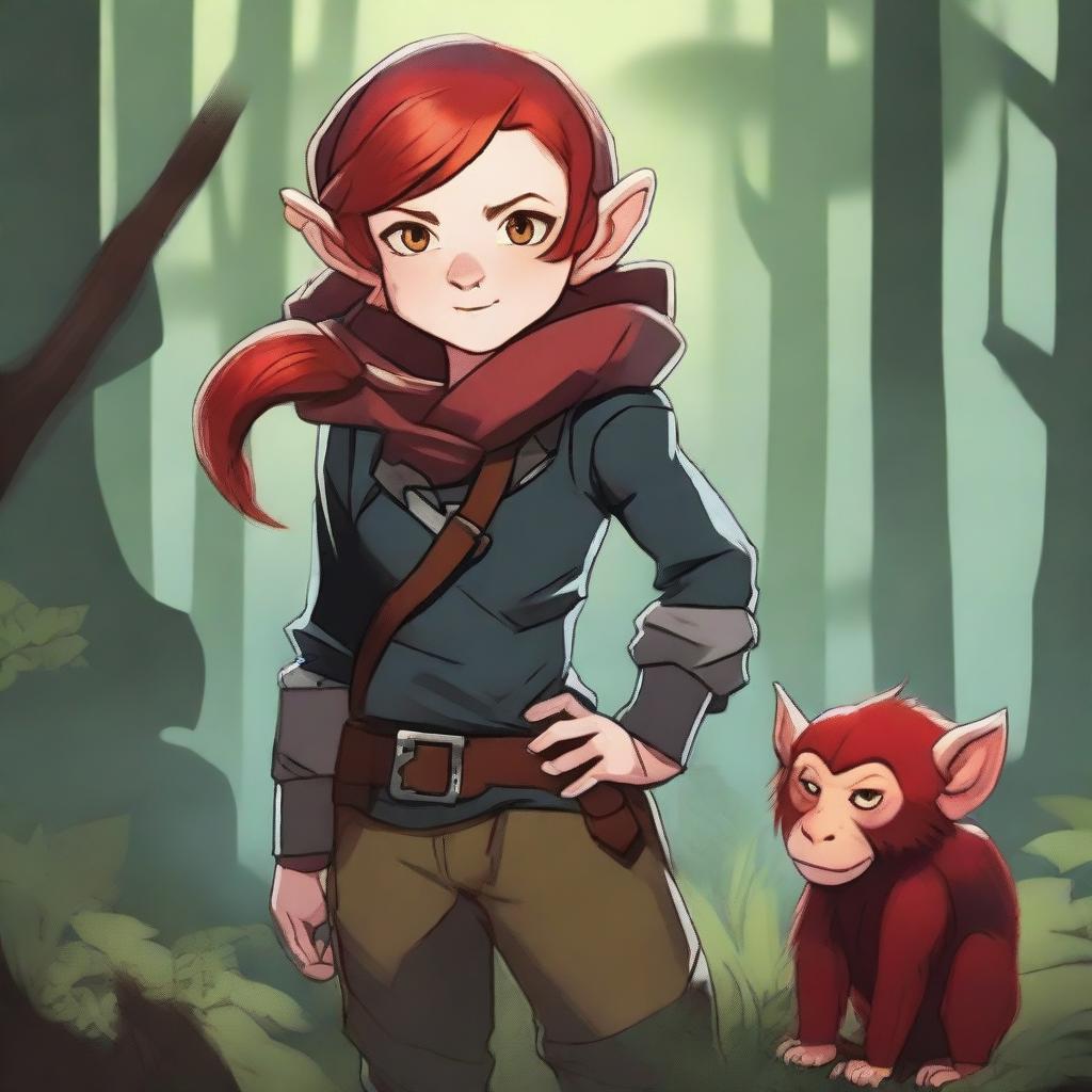 A halfling girl with red hair that is under shoulder length, iridescent color eyes, and a red monkey-like tail