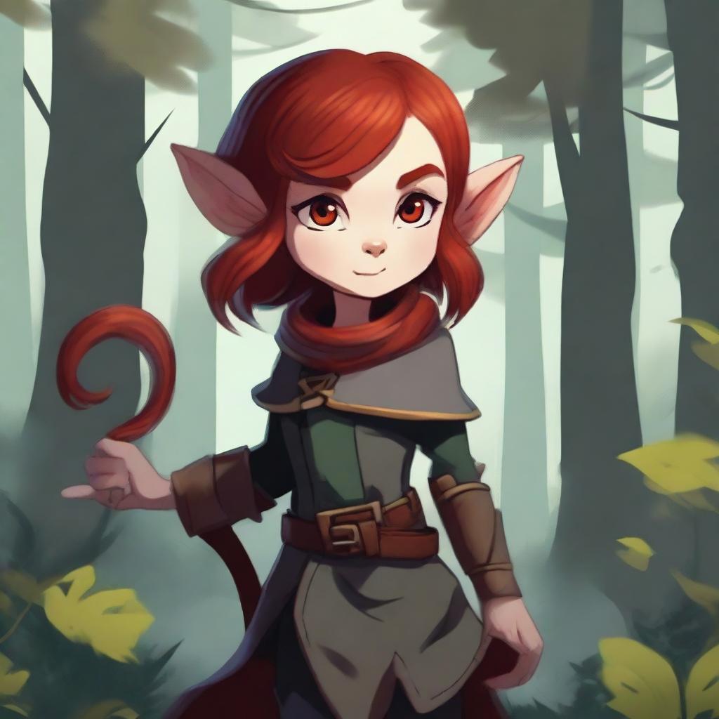 A halfling girl with red hair that is under shoulder length, iridescent color eyes, and a red monkey-like tail