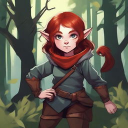 A halfling girl with red hair that is under shoulder length, iridescent color eyes, and a red monkey-like tail