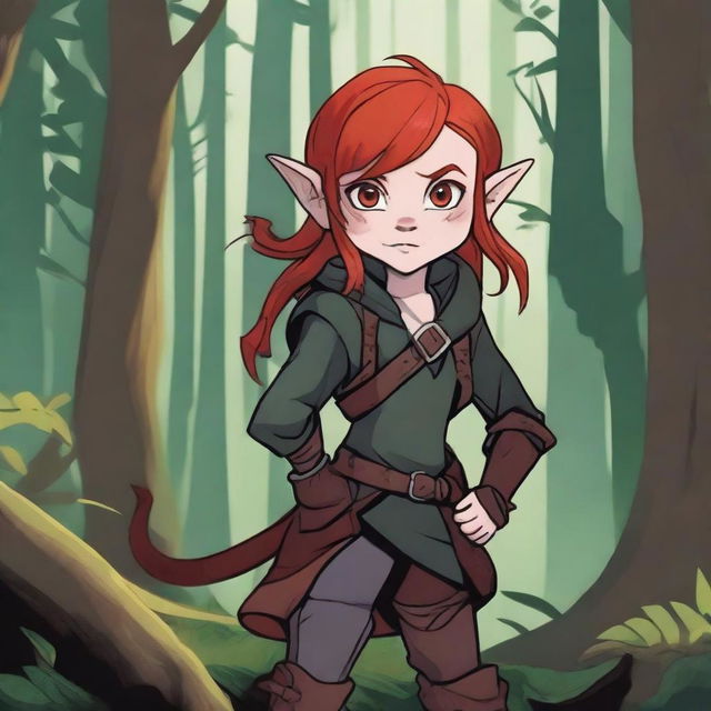 A halfling girl with red hair that is under shoulder length, iridescent color eyes, and a red monkey-like tail