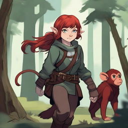 A halfling girl with red hair that is under shoulder length, iridescent color eyes, and a red monkey-like tail