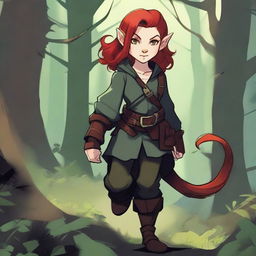 A halfling girl with red hair that is under shoulder length, iridescent color eyes, and a red monkey-like tail