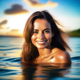 A beautiful Brazilian woman emerging from the water, with a seductive and alluring pose