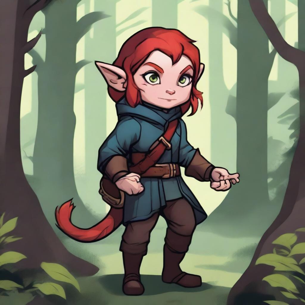 A halfling girl from the D&D class rogue, with red hair that is under shoulder length, iridescent color eyes, and a red monkey-like tail