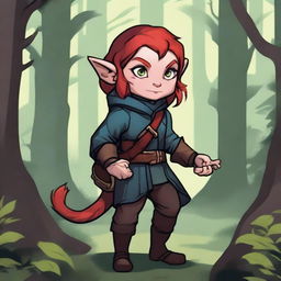 A halfling girl from the D&D class rogue, with red hair that is under shoulder length, iridescent color eyes, and a red monkey-like tail