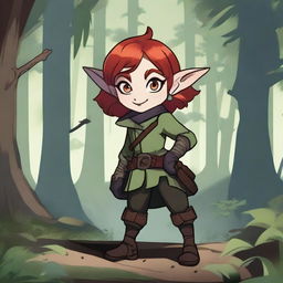 A halfling girl from the D&D class rogue, with red hair that is under shoulder length, iridescent color eyes, and a red monkey-like tail