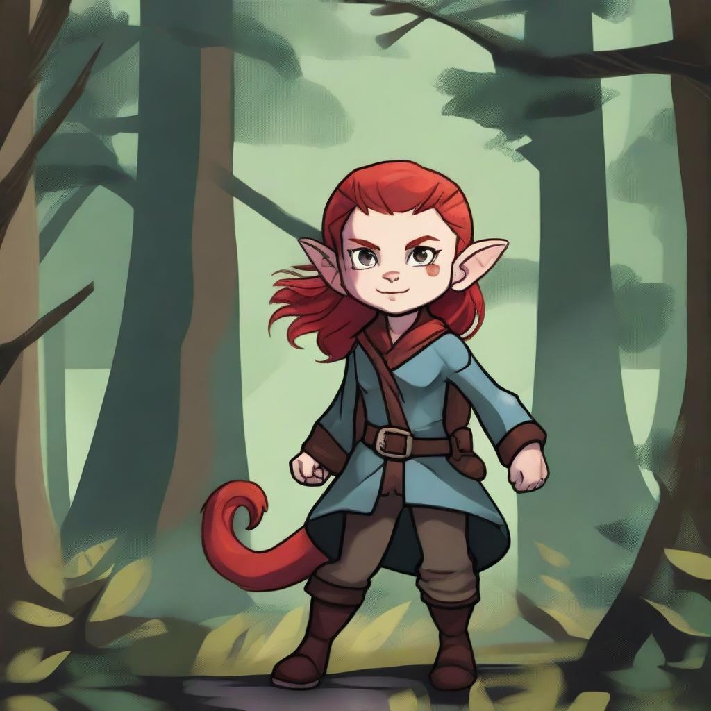 A halfling girl from the D&D class rogue, with red hair that is under shoulder length, iridescent color eyes, and a red monkey-like tail