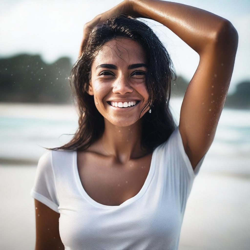 A Brazilian girl with dark hair and tanned skin emerging from the water, wearing a white t-shirt