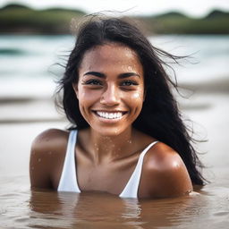 A Brazilian girl with dark hair and tanned skin emerging from the water, wearing a white t-shirt