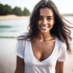 A Brazilian girl with dark hair and tanned skin emerging from the water, wearing a white t-shirt