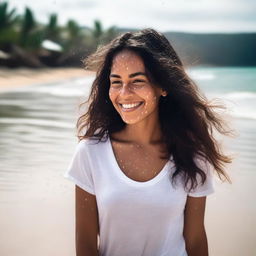 A Brazilian girl with dark hair and tanned skin emerging from the water, wearing a white t-shirt