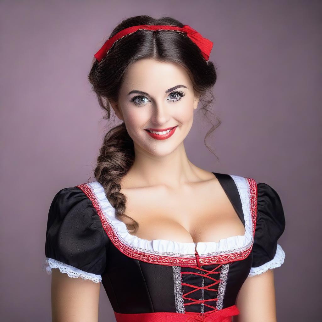 An attractive and strong Caucasian woman with a cute face, wearing a black, white, and red dirndl with a big neckline