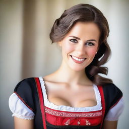 An attractive and strong Caucasian woman with a cute face, wearing a black, white, and red dirndl with a big neckline