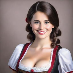 An attractive and strong Caucasian woman with a cute face, wearing a black, white, and red dirndl with a big neckline