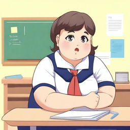 A chubby schoolgirl sitting at a desk with a blushing face