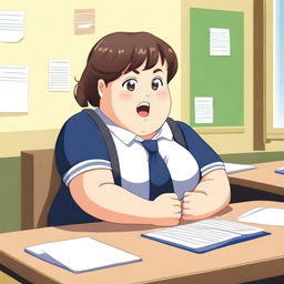 A chubby schoolgirl sitting at a desk with a blushing face