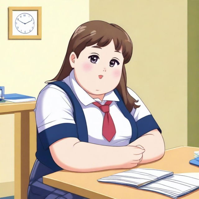 A chubby schoolgirl sitting at a desk with a blushing face