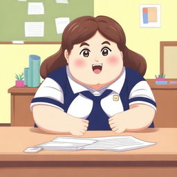 A chubby schoolgirl sitting at a desk with a blushing face