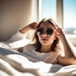 A girl wearing stylish sunglasses is laying on a bed on a sunny day