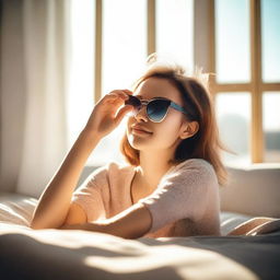 A girl wearing stylish sunglasses is laying on a bed on a sunny day