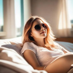 A girl wearing stylish sunglasses is laying on a bed on a sunny day