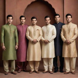 A group of men elegantly dressed in traditional Salwar Kameez, in varying colors and designs, set against an ethnically rich background.